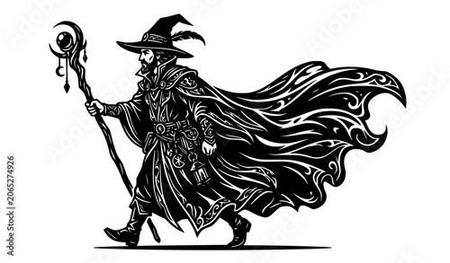 Foto Walking Fantasy Magician Black Silhouette Vector with Staff and Cloak on White B