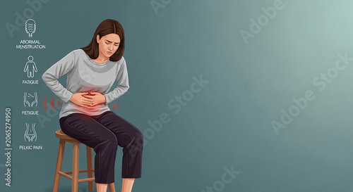 Woman experiencing pelvic pain, abnormal menstruation, and fatigue, symbolizing health concerns and discomfort, indicative of illness or medical condition