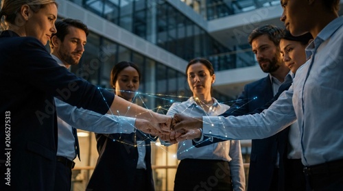 Diverse business team joins fists in a circle with glowing digital network lines connecting their hands to represent strong collaboration.