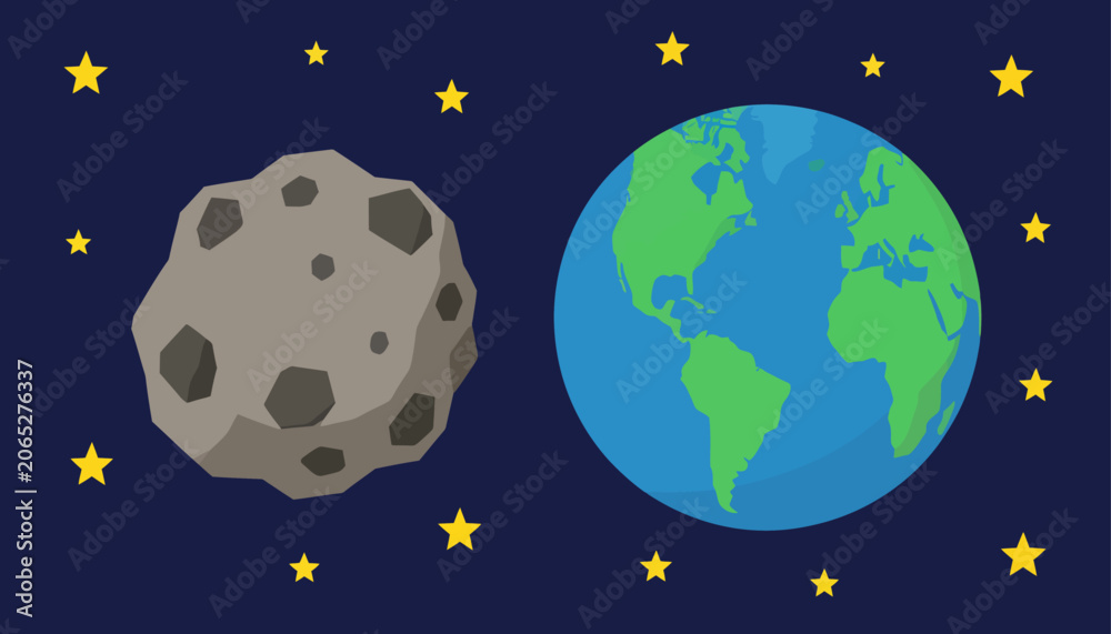 Fototapeta premium Illustration of an asteroid and planet earth floating in starry space, representing celestial bodies and cosmic exploration