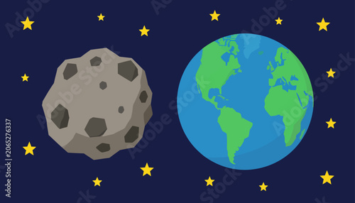 Fotografija Illustration of an asteroid and planet earth floating in starry space, represent