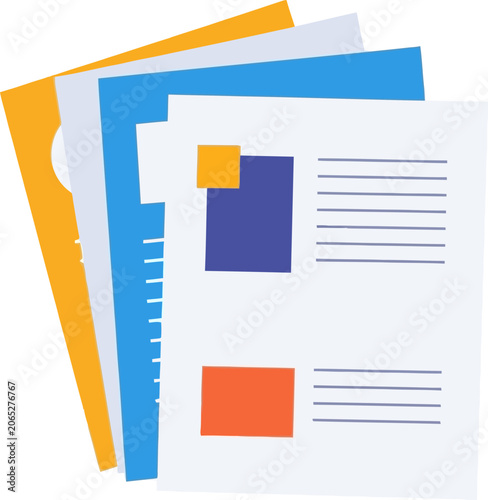 Stack of Colorful Documents with Text and Graphic Elements Illustration.