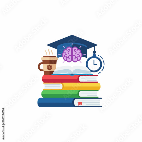 Stack of Books with Graduation Cap, Brain, Coffee, and Clock - Education and Learning.