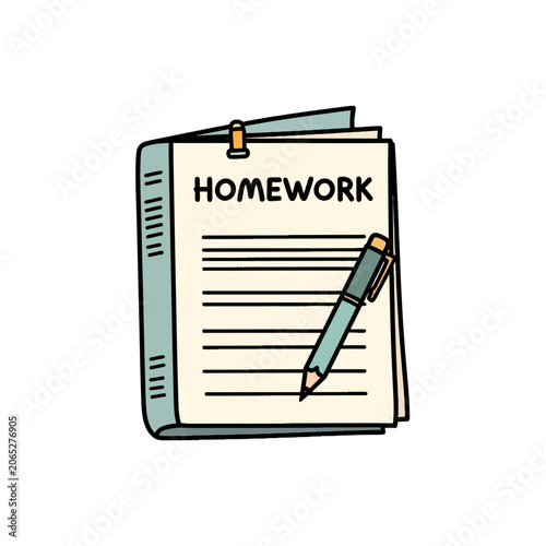 Stack of homework with pen on top.