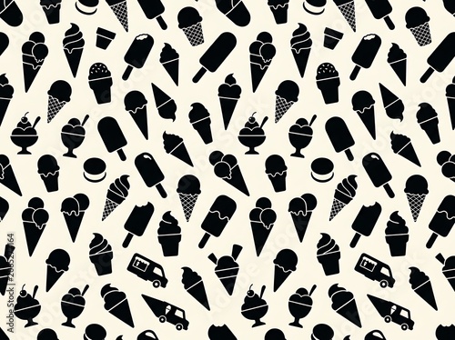 Seamless pattern of black silhouette ice cream including cones, popsicles, and dessert trucks