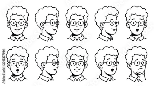 Set of diverse facial expressions and emotions of a young man with curly hair and glasses.