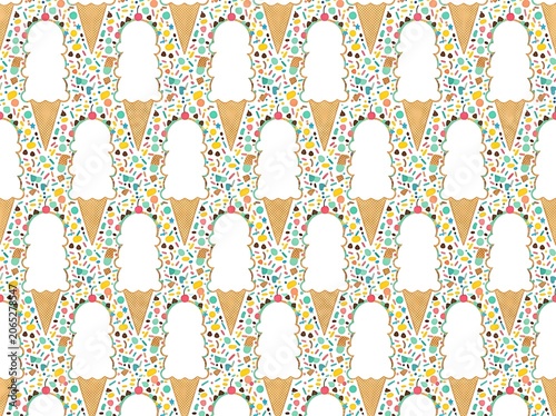 Seamless pattern of white ice cream cones on a colorful background, with sprinkles and, fruit shapes d