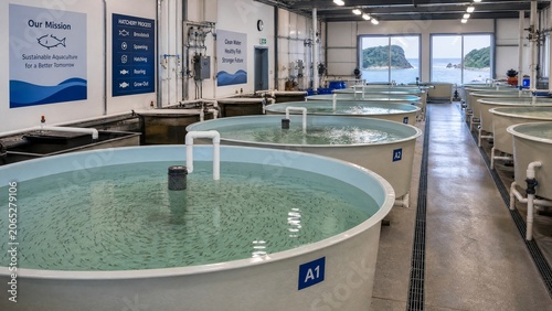 A coastal hatchery with rows of water tanks containing tiny fish fry in a clean, organized facility.