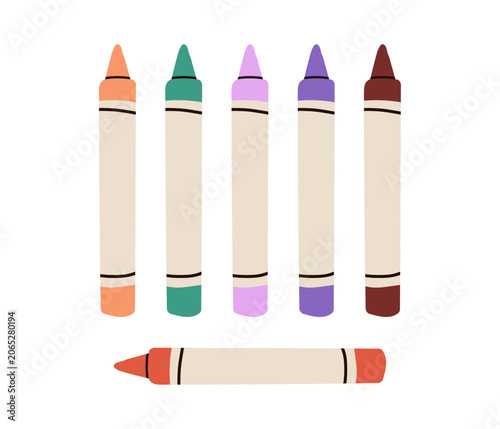 Colored crayon sticks collection, assorted wax pastel pencils and dry pigment tools for drawing, sketching and creative craft activities isolated on white background flat vector illustration.