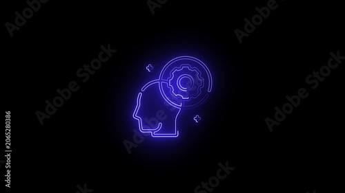 Neon human head with rotating gears animation: artificial intelligence and innovation concept