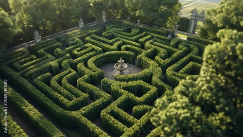 Aerial view of a dense hedge maze in a classical garden.