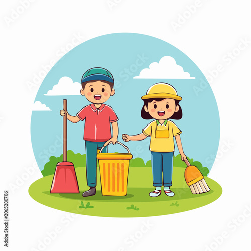 Children Cleaning Outdoors with Brooms and Bucket