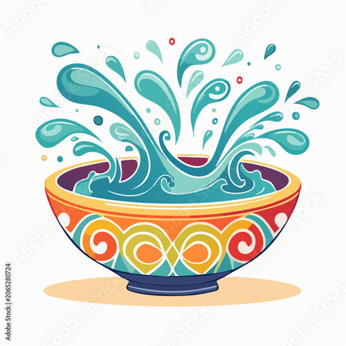 Colorful Bowl Overflowing with Water Splashes