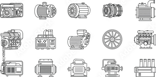 Industrial Machinery and Electric Motor Icon Set Featuring Generators, Pumps, and Engines in Outline Style