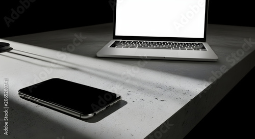 Minimalist dark desk mockup with open laptop blank screen and smartphone in dramatic light and shadow