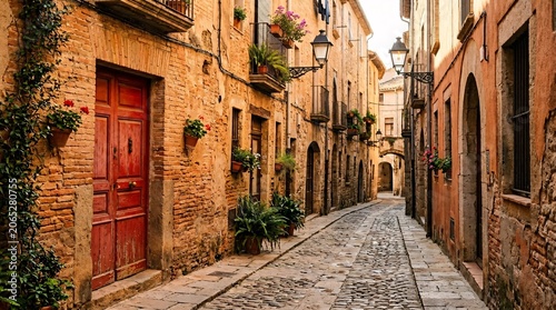Sunlit narrow brick alleyway located in a historic European town features weathered orange walls alongside vintage lamps and a red door.