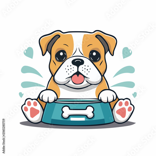 Cute Bulldog Puppy with Food Bowl