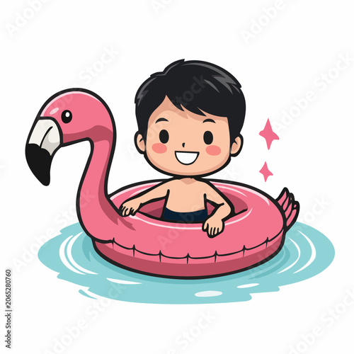 Cute Boy Floating on Flamingo Pool Float