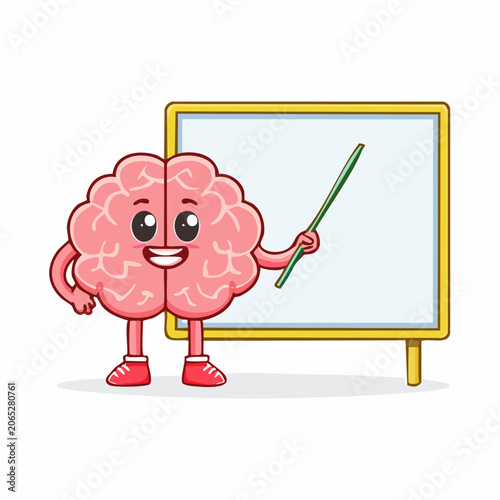 Cute Cartoon Brain Character Presenting with Pointer Stick at Whiteboard