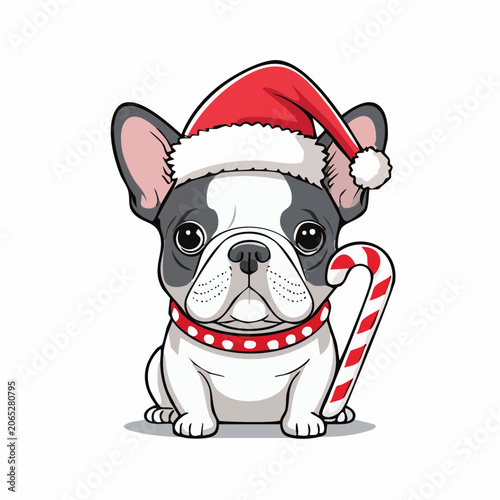 Cute French Bulldog Wearing Santa Hat with Candy Cane