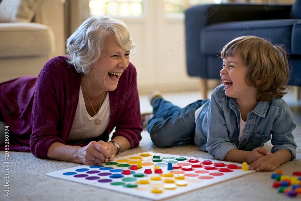 Fototapeta premium Grandmother and child enjoying board game in cozy room