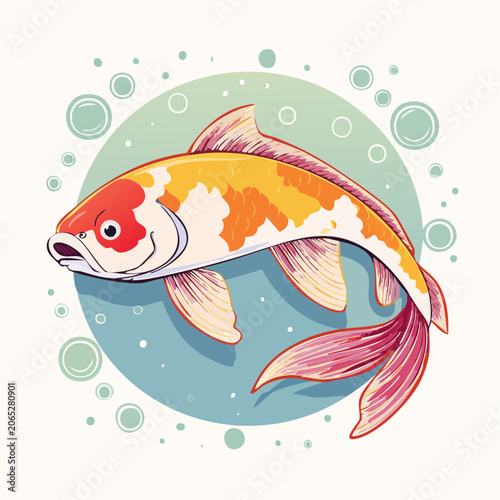 Illustration of a colorful Koi fish swimming with bubbles