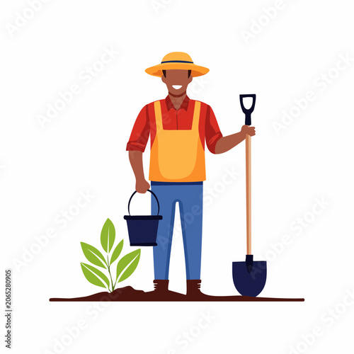 Farmer with shovel and bucket planting a seedling