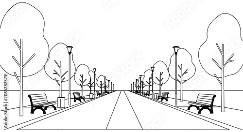 Park Pathway Scene Linear Vector Illustration street