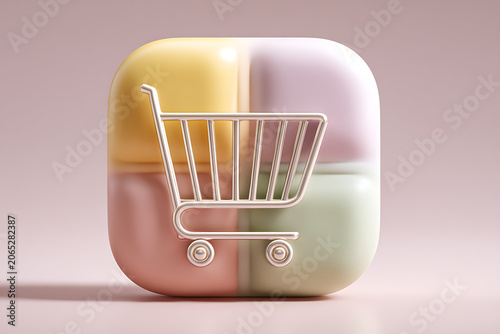 E-commerce shopping cart icon, colorful pastel rounded square button, online store symbol, digital marketing graphic