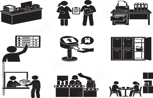 Hospital healthcare administration and staff workflow Silhouette icons set