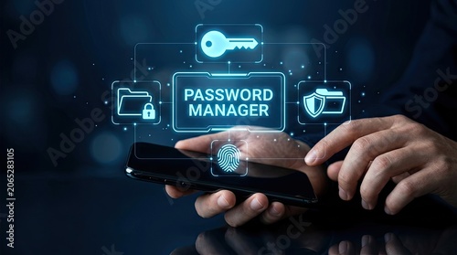 Person's hand holding smartphone with digital password manager interface glowing and security icons against dark background concept