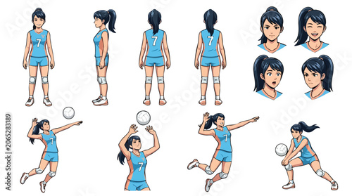 Volleyball Player Character Design Sheet with Poses and Expressions.