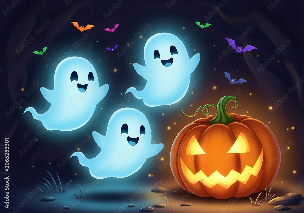 Fototapeta premium Three cute little ghosts floating near a glowing orange jack o lantern pumpkin for halloween night