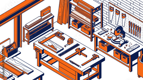 Woodworking Workshop with Tools and Materials, Isometric View