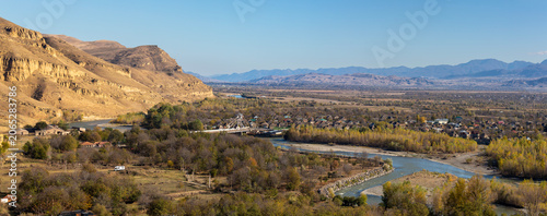 Landscape of river Kura in Caucasus mountains and Uplistsikhe town in Georgia