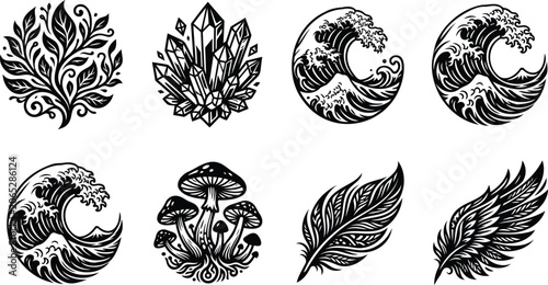 Set of black and white nature symbols and icons