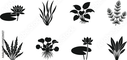 Black silhouette icons of aquatic plants and water lilies