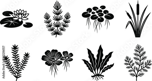 Set of black aquatic plants and water pond weeds icons