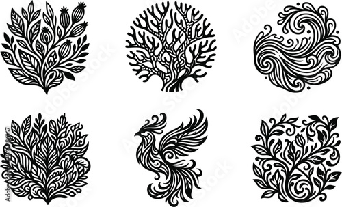 Set of hand drawn nature and animal ink icons
