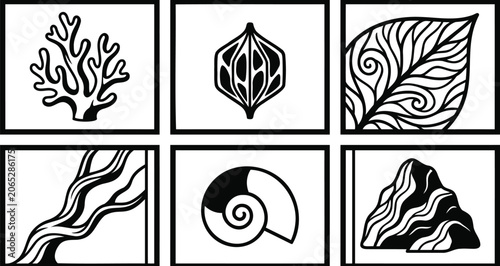 Set of six nature icons with coral leaf and shell elements