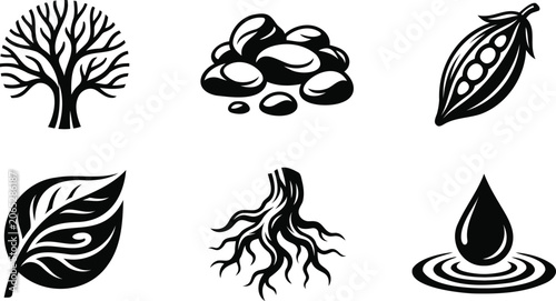 Set of nature icons with tree stones peas leaf root and water
