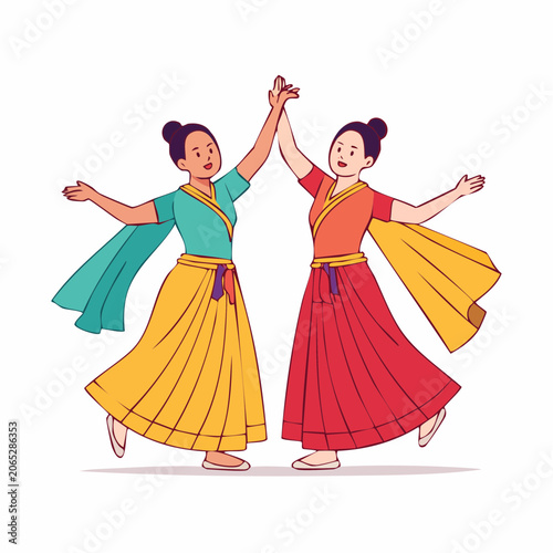 Two women in traditional Asian dance costumes