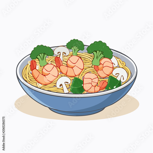 Shrimp and Broccoli Noodle Bowl Illustration