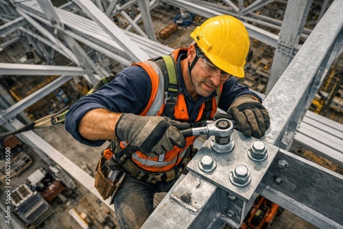 Construction worker tightening structural steel bolts at height using safety harness on industrial framework during major building project