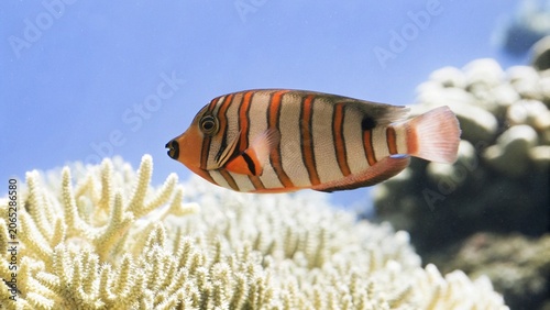 Bild auf Leinwand Close up of a orange-red  stripes harlequin tuskfish swimming among corals in Great Barrier Reef, Australia