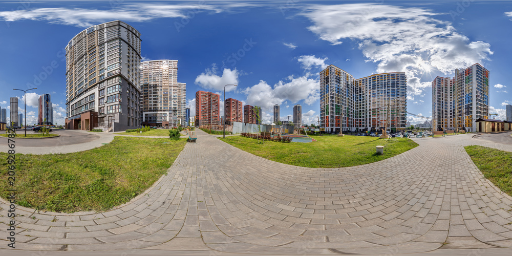 Obraz premium hdri 360 panorama near new skyscrapers and residential complex in full equirectangular seamless spherical projection
