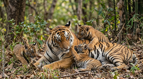Bild auf Leinwand Close up of Royal bengal tiger playing with cubs in the wild.