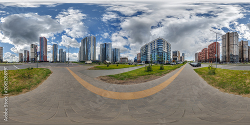hdri 360 panorama near new skyscrapers and residential complex in full equirectangular seamless spherical projection