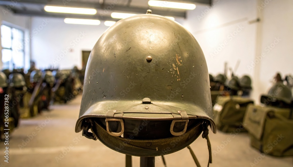 Obraz premium Close-up of a vintage olive green military helmet with worn details, displayed in a storage room with other army equipment and helmets in rows.