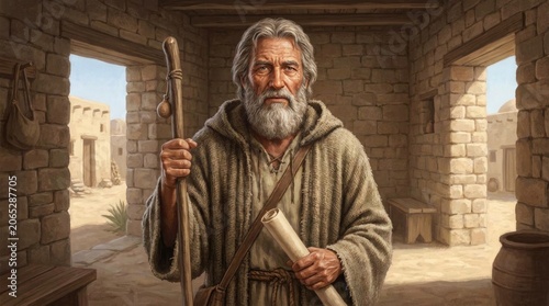 Saint james the apostle, a venerable biblical male figure with a long gray beard and white hair, serious expression, holding a sturdy wooden staff, rolled parchment.